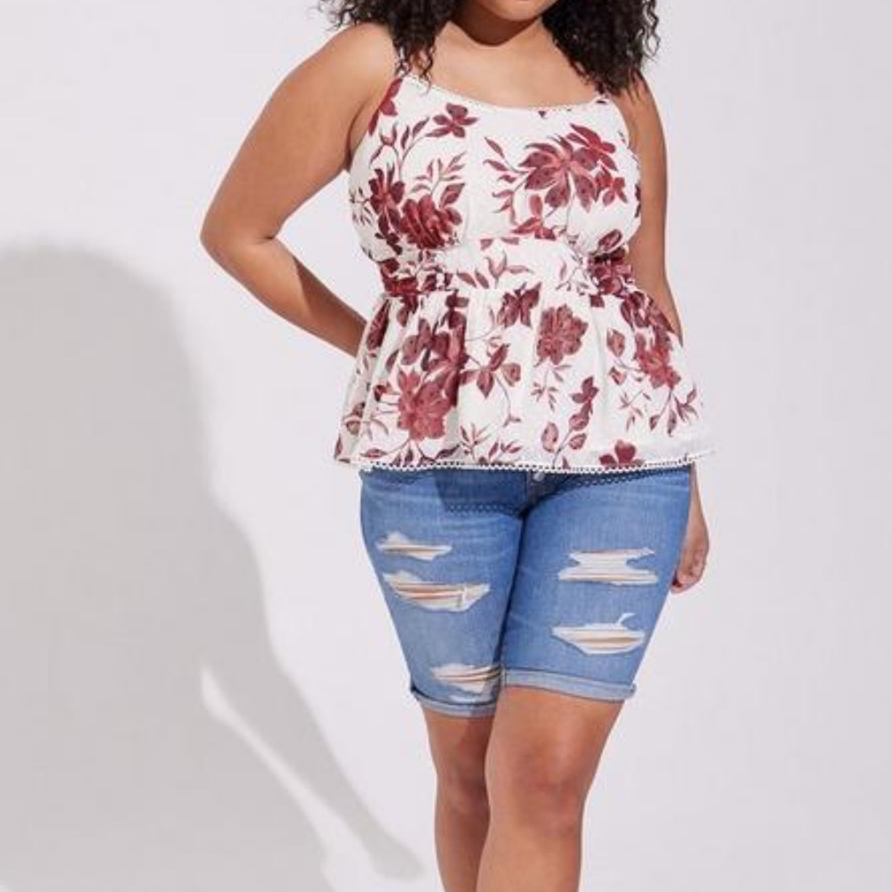 Torrid Peplum Clip Dot Shirred Bust Lace trim blouse milkmaid cottage fairy